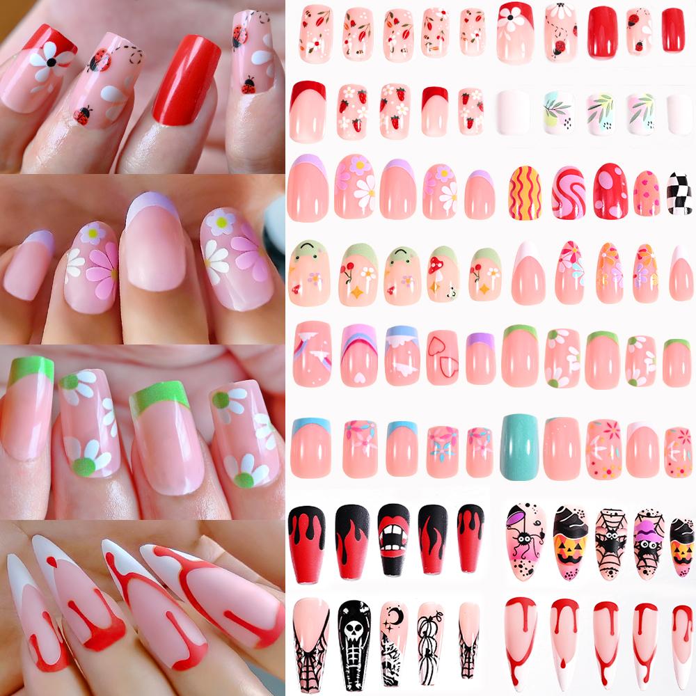 96 szt. 24*4 Krwiste Halloween Długie Migdały Sztuczne Paznokcie 3D Czarna Czerwona Pajęczyna Czaszka Przyklejane Paznokcie Pełne Pokrycie Manicure Dekoracje