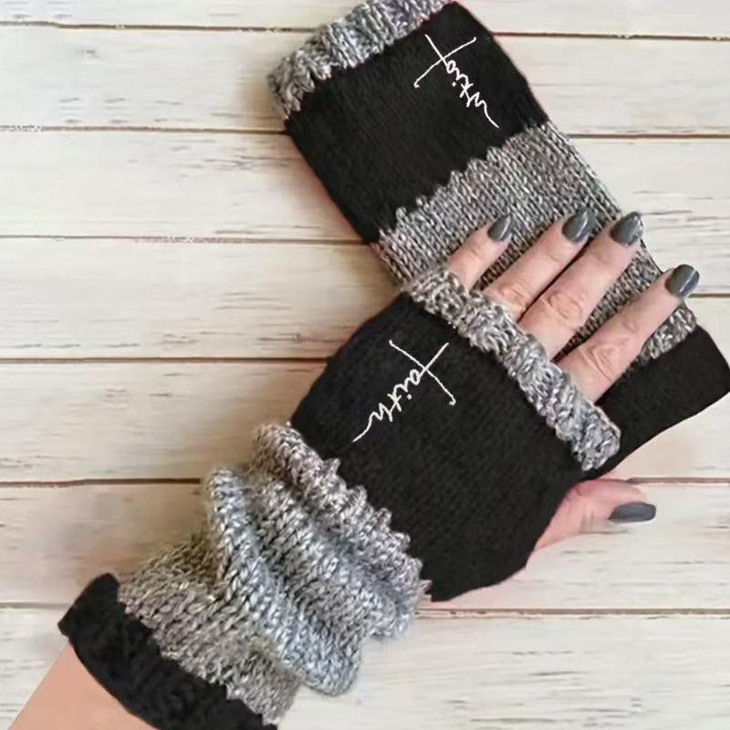 Gants en tricot sans doigts avec broderie de chat et patchwork, Gants décontractés ouverts aux doigts tendance pour femme, Mitaines chaudes d'hiver sans doigts