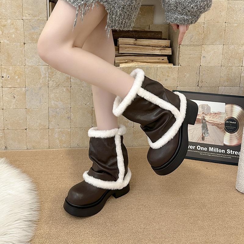 Damskie futrzane zimowe lekkie ciepłe ocieplane śniegowce na grubej podeszwie ze skóry antypoślizgowe do noszenia na co dzień bawełniane botki