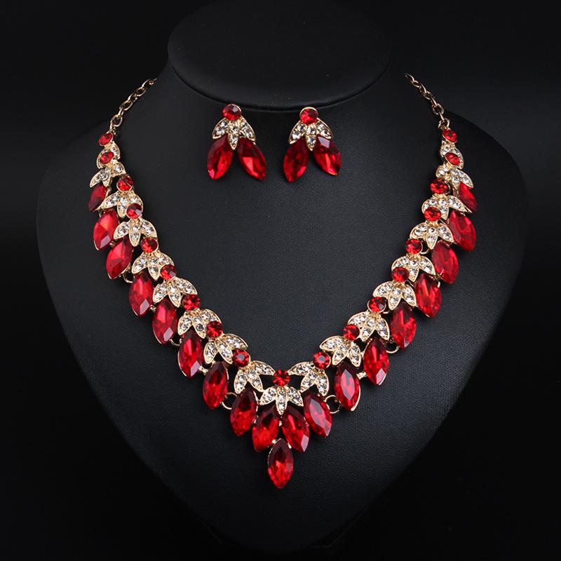 Shining Temperament Crystal Gemstone Necklace Earrings Set Dress Wedding Dinner Women'S Jewelry