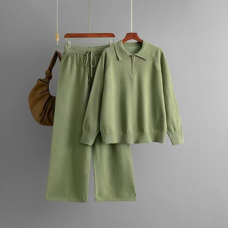 

Fashion New Arrival Fashion Half Zipper and Lapel Knitting Sweater Pants Suit Sweater and Pants Set Green One size