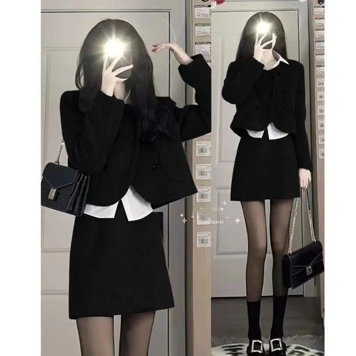 

(original quality) Woolen suit skirt, autumn and winter new temperament, small short coat, two women s skirts XL чорний