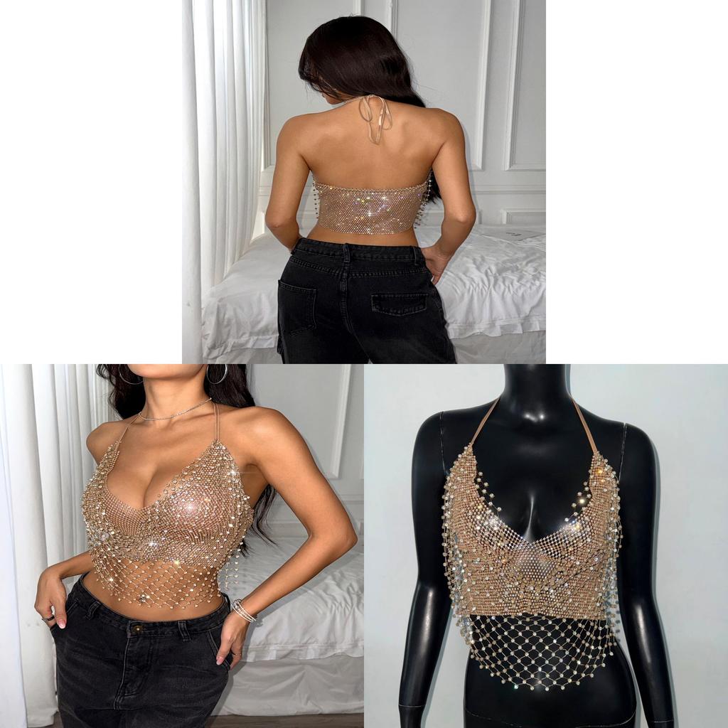 Sexy Spaghetti Strap Mesh Top With Rhinestones For Party And Clubwear Women
