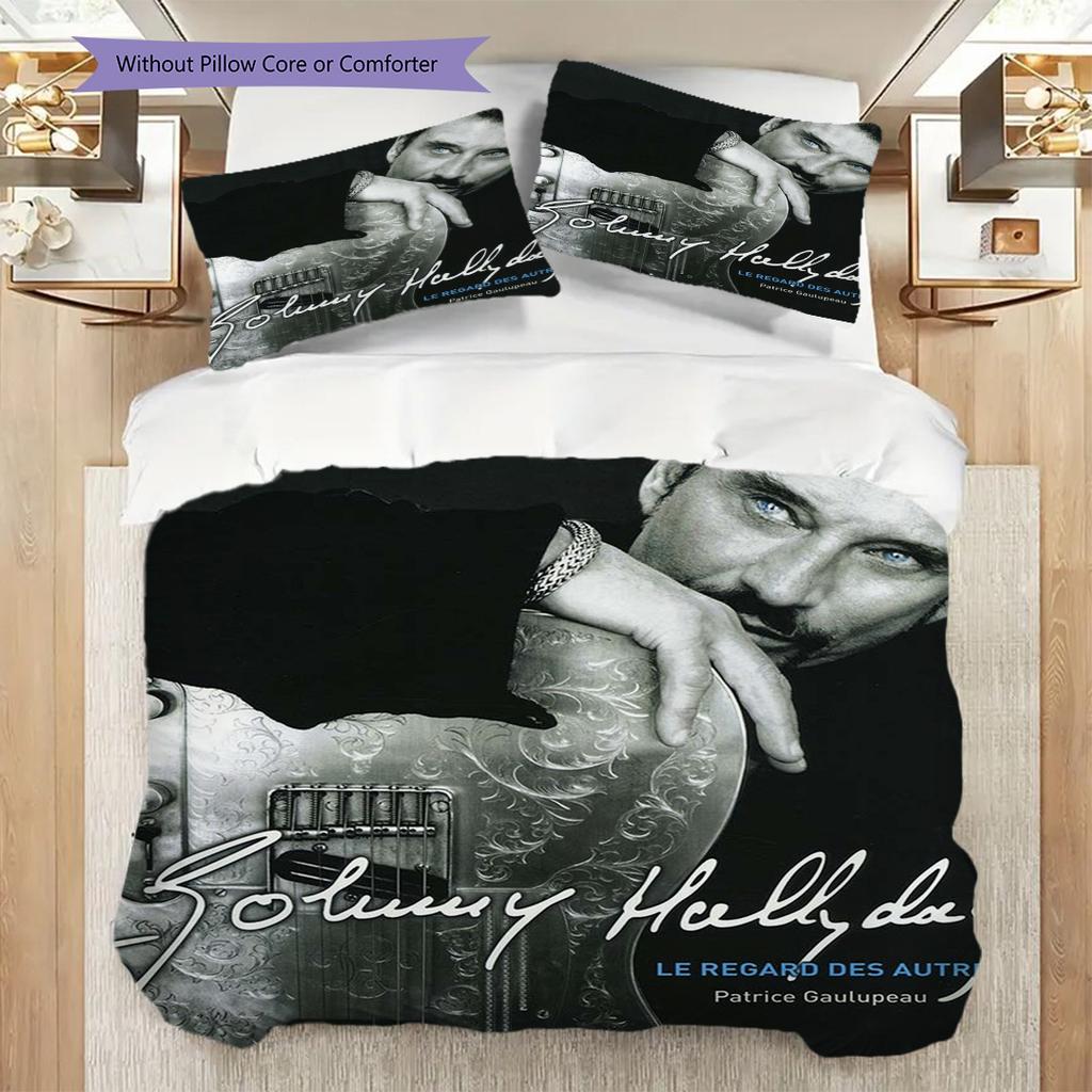 Johnny Hallyday Leben Tod Bettwäsche (1 Bettbezug + 2 Kissenbezüge, ohne Füllung) 2D flaches Weihnachts-Geburtstagsgeschenk Bettbezug und Kissenbezug