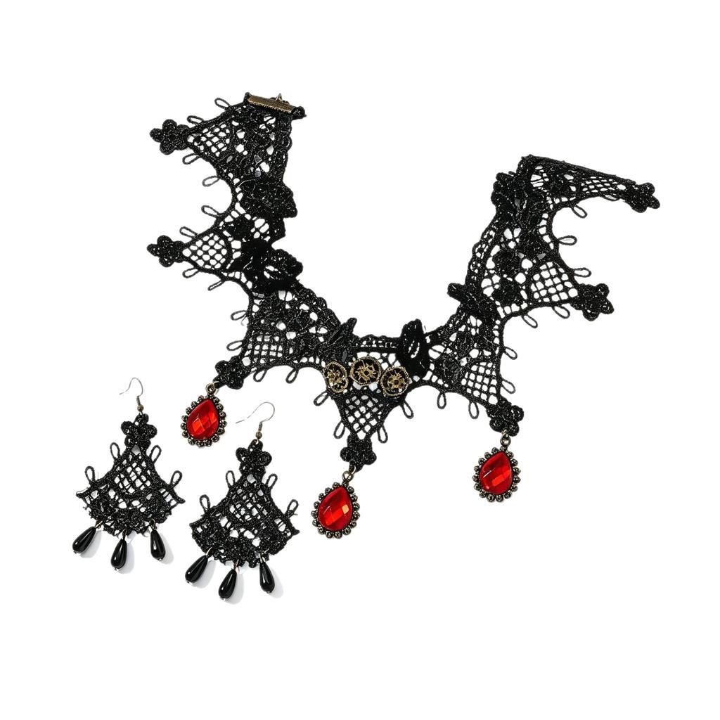 European and American dark style retro niche black lace necklace ruby necklace women's fringed earrings high-end set