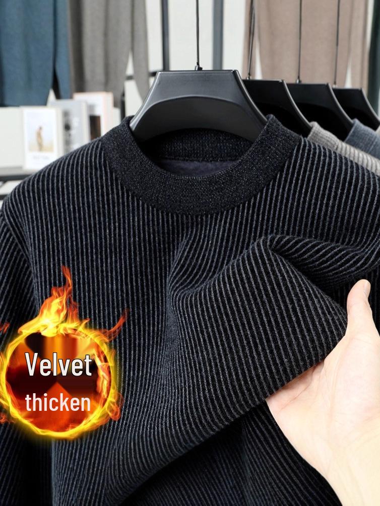 2025 Winter Men's Plus Velvet Round Neck Sweater: Casual, Simple, Warm Knitwear for Middle-Aged Comfort