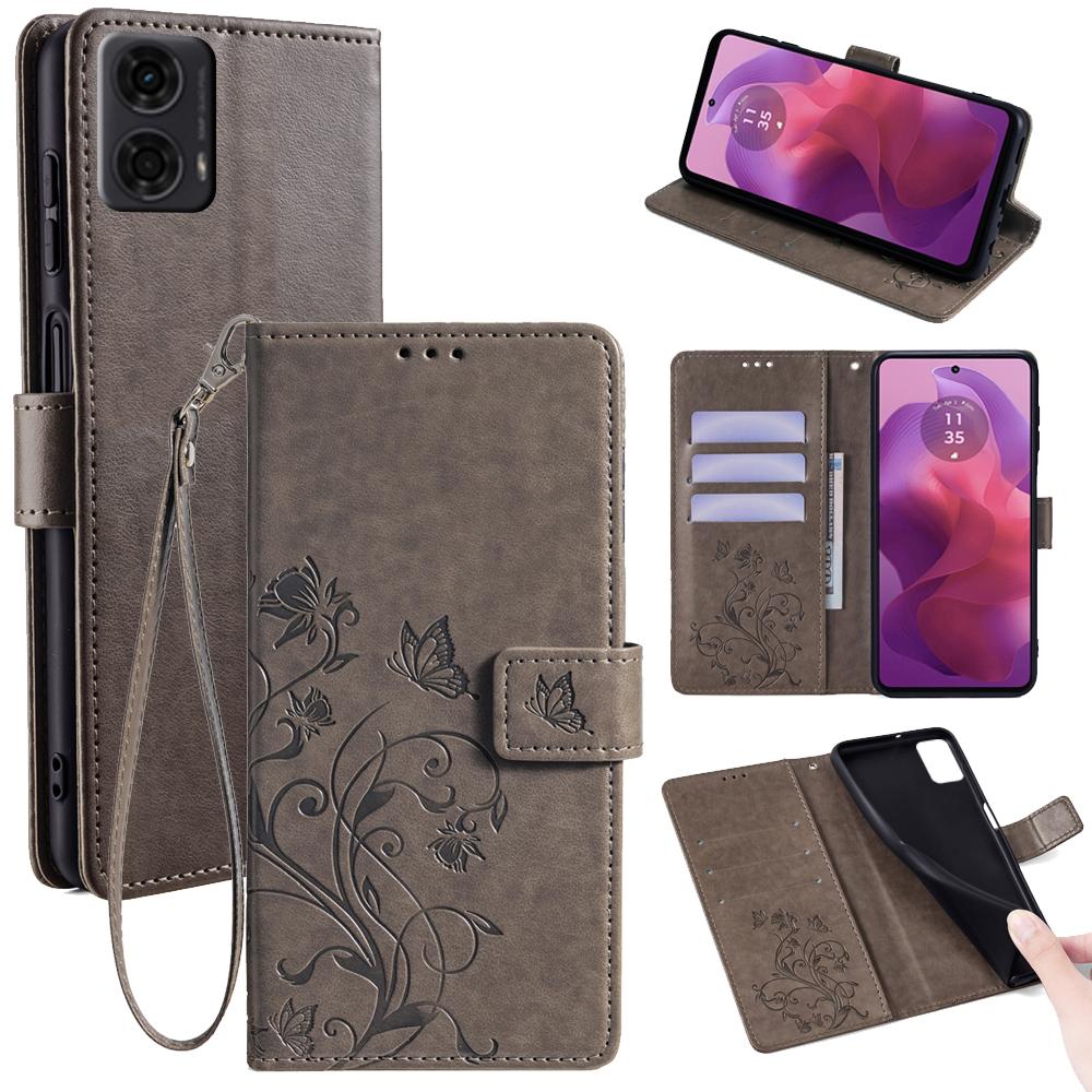 Für Motorola Moto E14 4G/G04 4G/G04s 4G/G24 4G Lederhülle Brieftasche Kartenfächer Schmetterling Blume Handyhülle mit Riemen
