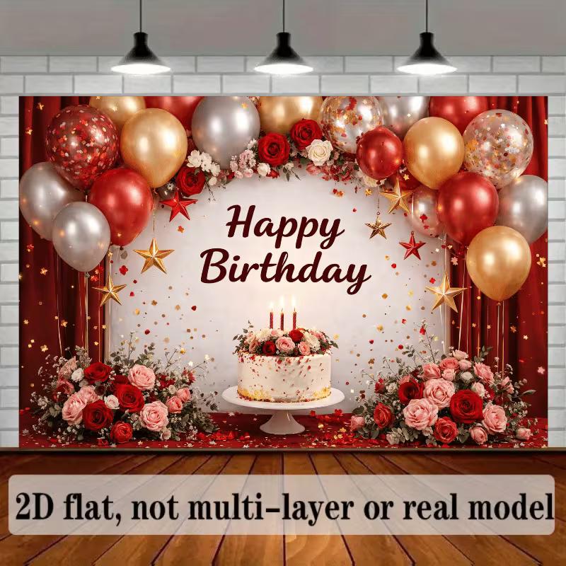 2D Red Gold Floral Birthday Photo Backdrop Adult Party Decor Cloth
