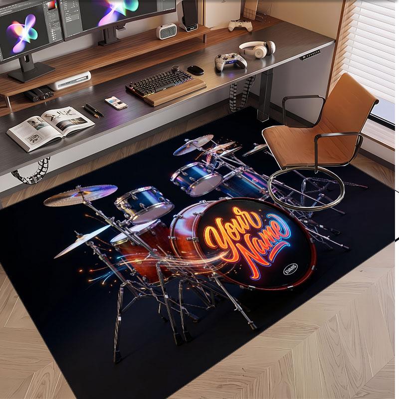 Music Drums Theme Soft Crystal Velvet Rug Custom Name & Text Print Non Slip Floor Rug for Bedroom Living Room