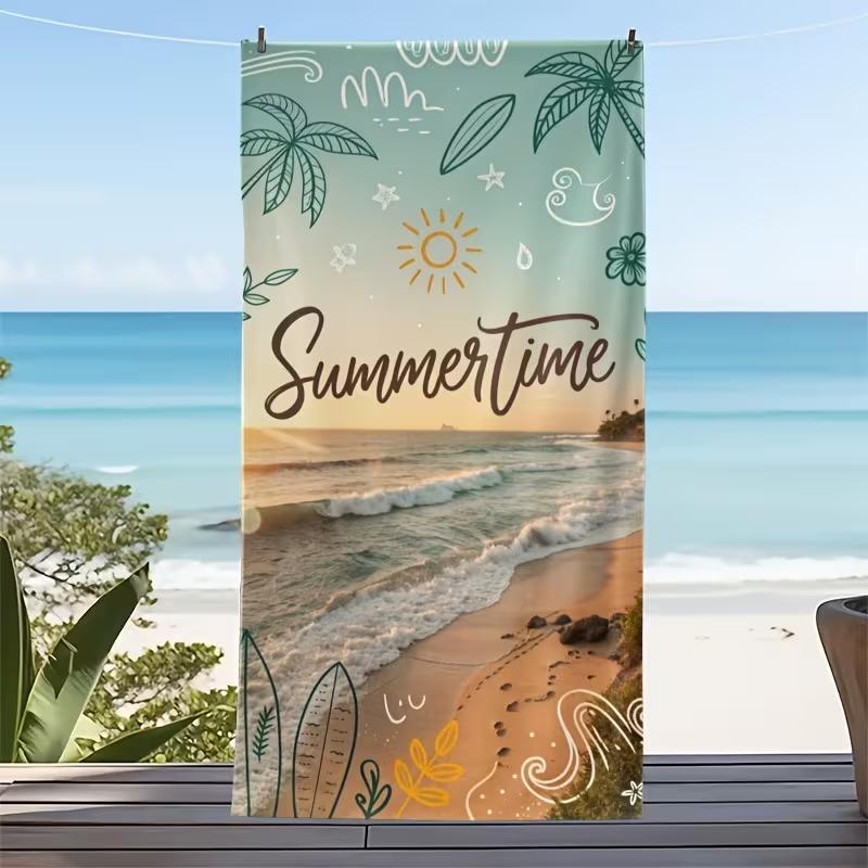 Summertime Beach Sunset Print Beach Towel Hand-Drawn Illustration Style Quick Dry Sand-Free Absorbent Beach Blanket for Summer