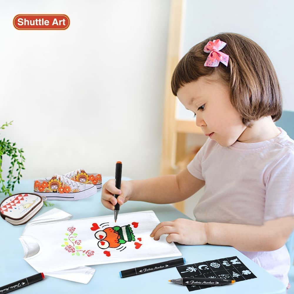 Shuttle Art Fabric Pen Twin Type 40 Color Set Pen for Writing On Fabric Fabric Marker Stencil and Carrying Case Included Water Resistant Durable