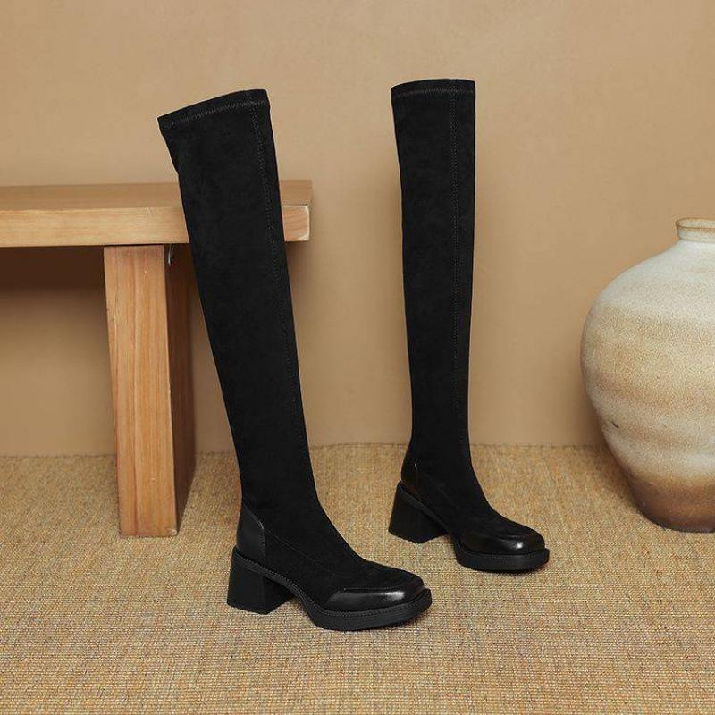Autumn and winter suede over-knee women's boots high-heeled sleeve large-size leather shoes square heel Korean version square head thick-soled non-sl