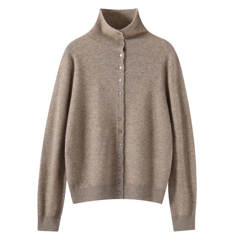 Women's High-Neck Cashmere Knit Cardigan - Solid Color, Single-Breasted, Loose Fit, Slimming Winter Coat