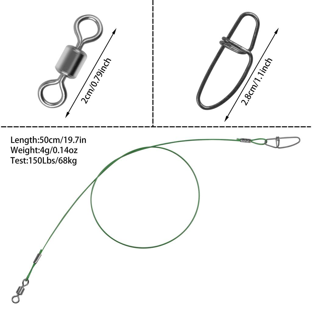 68kg Stainless Steel Wire Leaders for Hairtail with Swivels and Snaps 30-Piece, 50cm, Fishing, (Green)