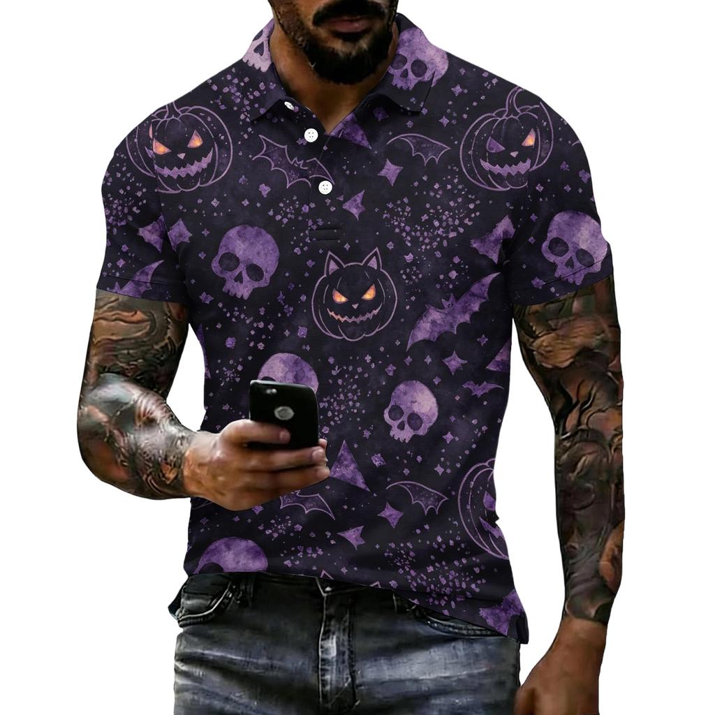 Men's Halloween Print Short Sleeve Polo Shirt Loose Fit Casual Summer Daily Top Button Down Collar
