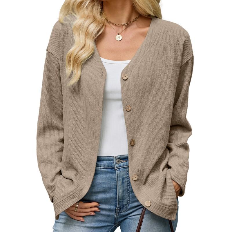 Womens Solid Color V-Neck Loose Long Sleeve Button-Up Cardigan 2026 Fall Winter