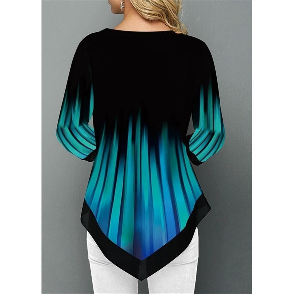 Nowa Damska Koszulka Casual z Nadrukiem z Nieregularnym Dołem, Okrągłym Dekoltem i Rękawami 3/4, Plus Size, Jesienna Luźna Bluzka Pulower