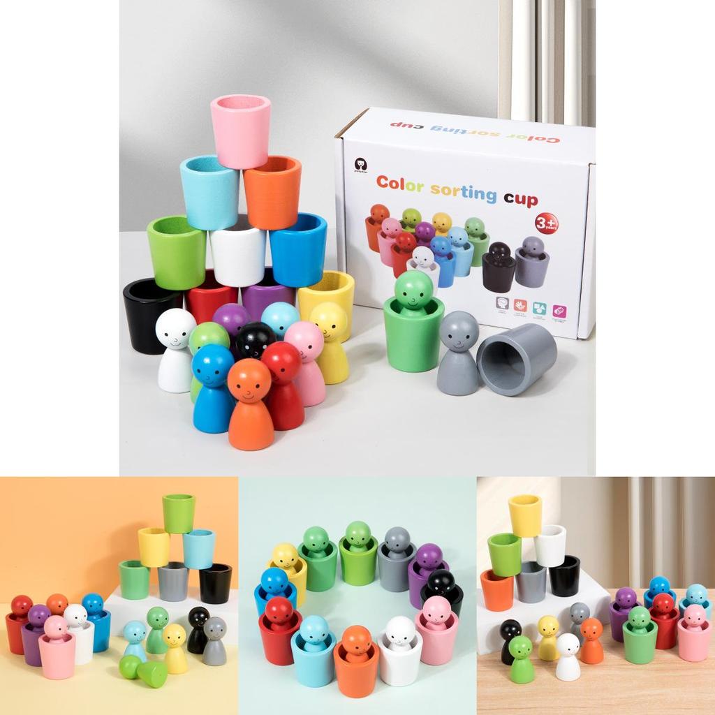 Montessori Farb-Sortierbecher aus Holz für Kinder Hand-Auge-Koordination Lernspielzeug