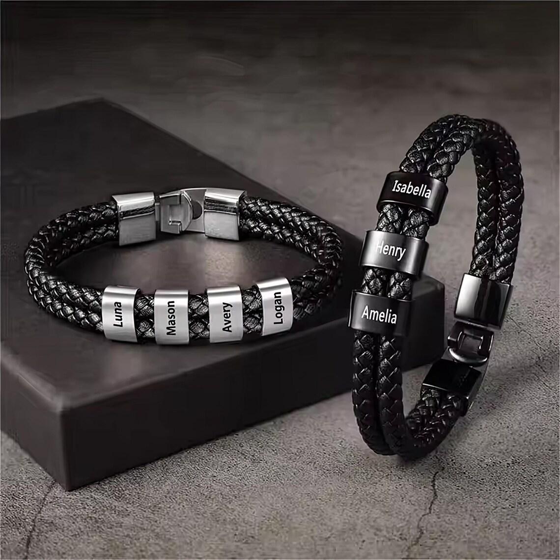 DUOYING Custom Engraved Double Layer Leather Stainless Steel Bead Bracelet Men Unisex Bracelet Bracelet чёрный