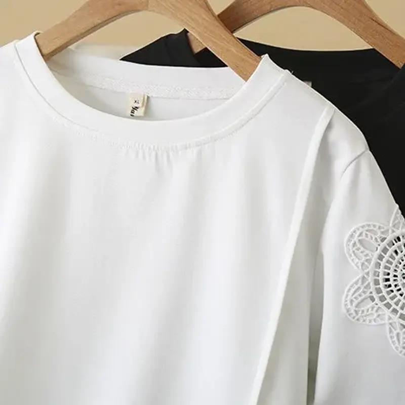 T-shirt Women Cotton Summer Casual Large Size Loose Round Neck Lacework Pullover Short-sleeved Tops