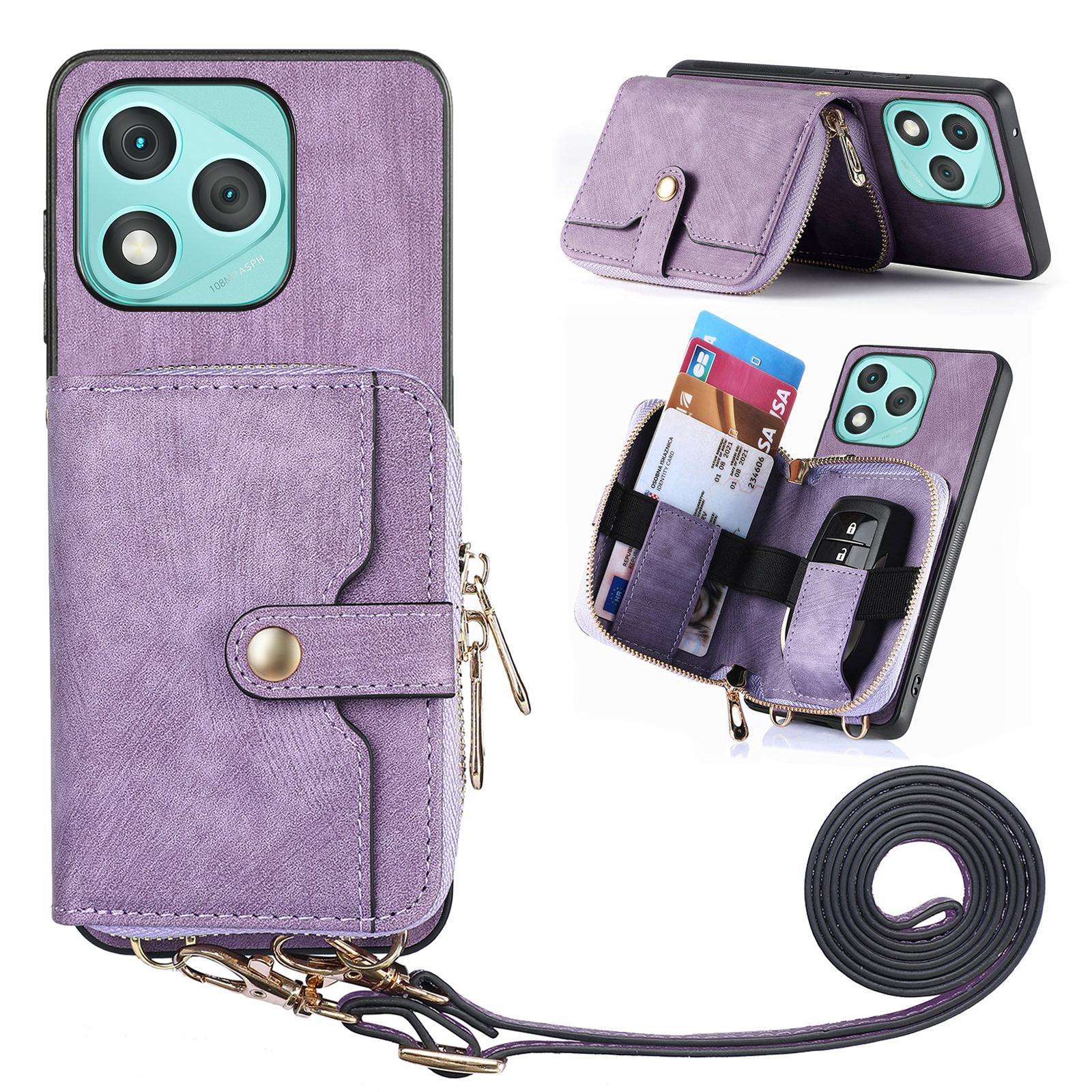 

For Honor 400 Lite PU Leather Phone Back Cover with Zipper Card Holder and Long Strap F