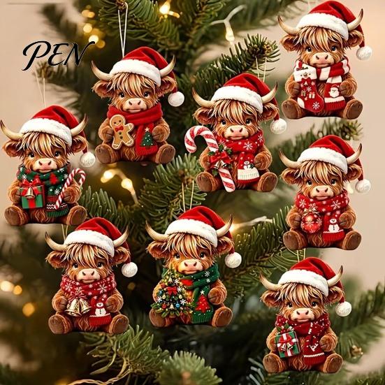 Lightweight Wooden Tree Ornaments Highland Cow Christmas Ornament Set, 2D Flat Creative Set Hanging Decor with String, Holiday Party Decoration