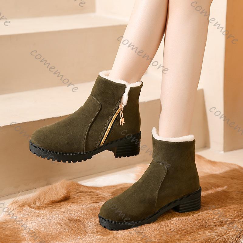 Comemore Winter New Square Heel Cotton Boots Round Toe Suede Padded Warm Snow Botas Casual Side Zipper Platform Booties