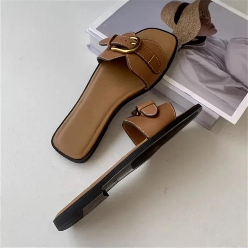 Flat Shoes Women's Summer New Square Toe Open Toe Metal Belt Buckle Soft Sole Non-Slip Low Heel Shoes