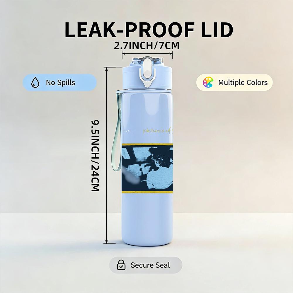 1PC Blue rectangular band album cover print 750ml colorful plastic sports water bottle leakproof pop up lid with straw for outdoor work home use