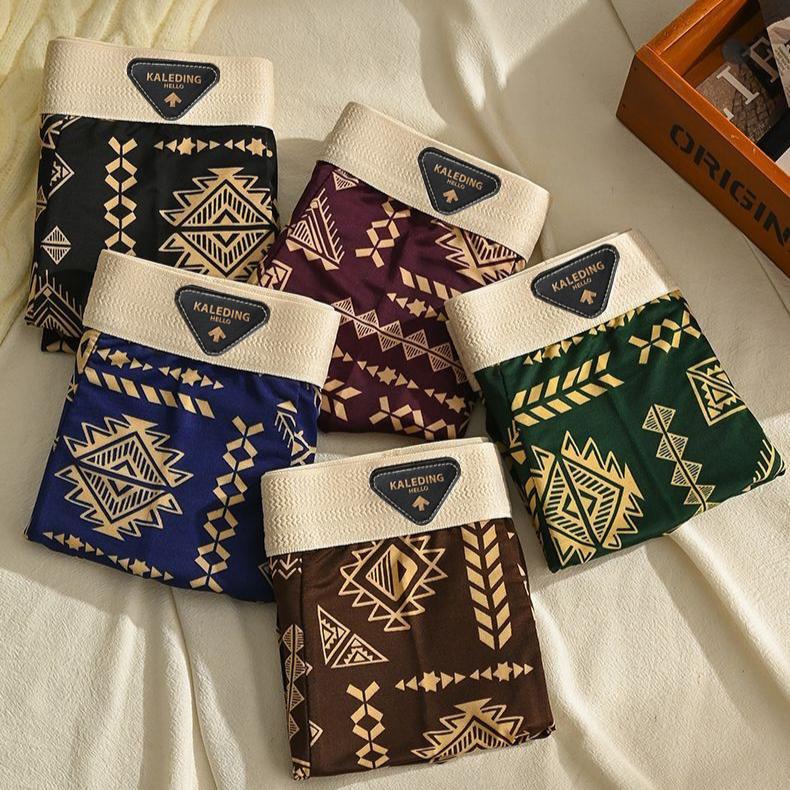 3pcs American Men's Underwear Retro Men's Underwear Ice Silk Breathable Flat Corner Pants Printed Four Corner Pants Boxer Brief