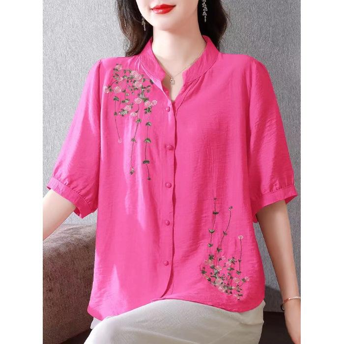 Fashion Embroidered Short Sleeved Cotton Linen Top Women's Summer Shirts New Loose Cardigan Blouse Mother V-Neck Shirt Blaus 4XL
