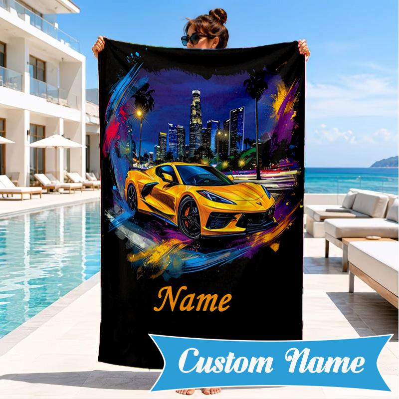 Custom Name Beach Towel School Bus Adventure Microfiber Beach Towel, Lightweight for Summer Travel, Swimming Pool Fan Birthday Gift