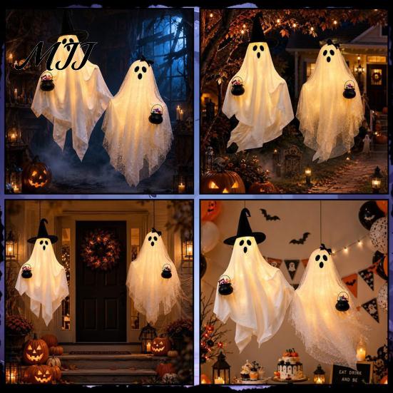 Decorative Ghost for Covered Porch Halloween Hanging Light, Couple Lamp with Witch Hats Decor, Figures Patio Reusable Seasonal Props Front Door