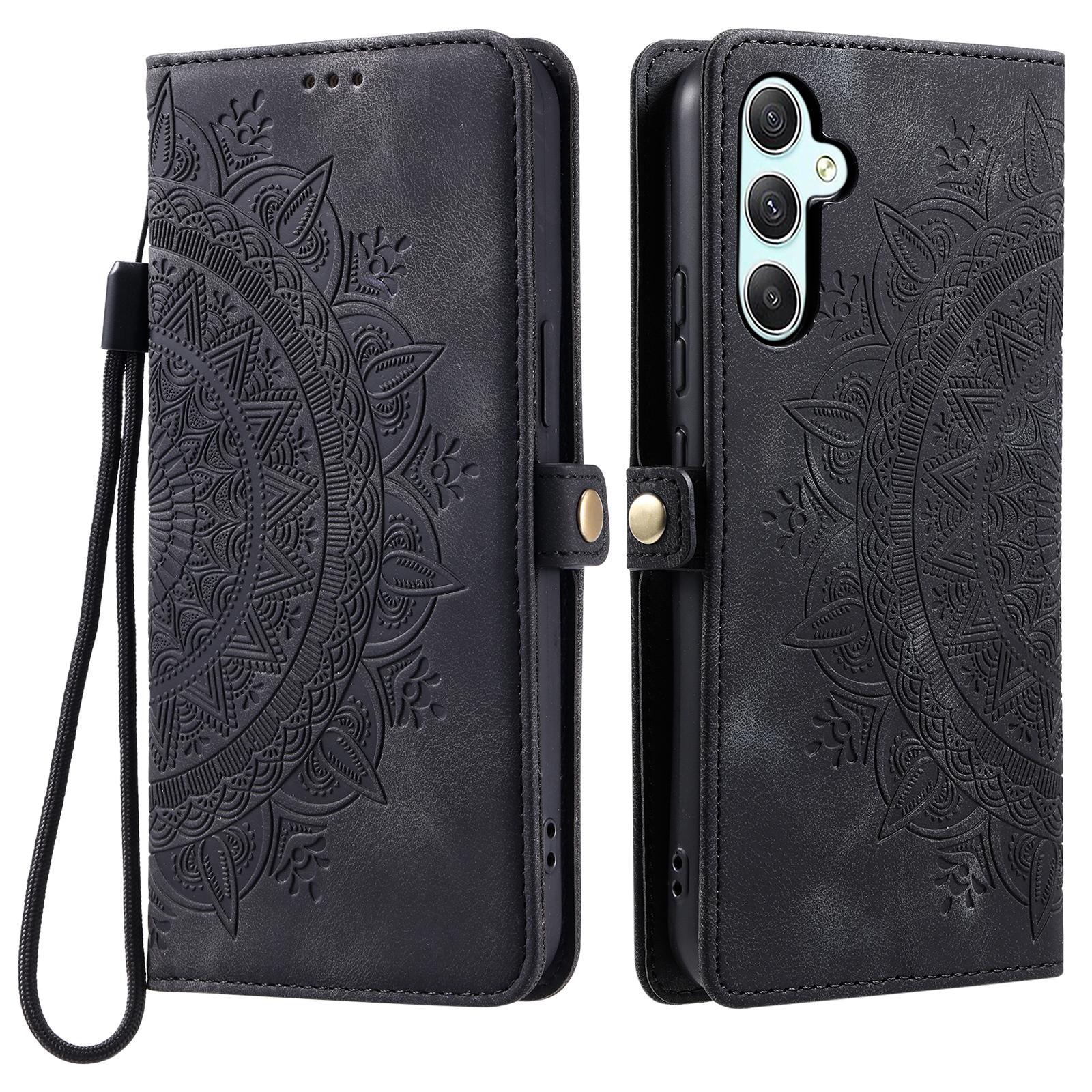 

For Samsung Galaxy S25 FE Case Skin Feel Totem Imprinted Wallet Leather Phone Cover with Hand Strap Black