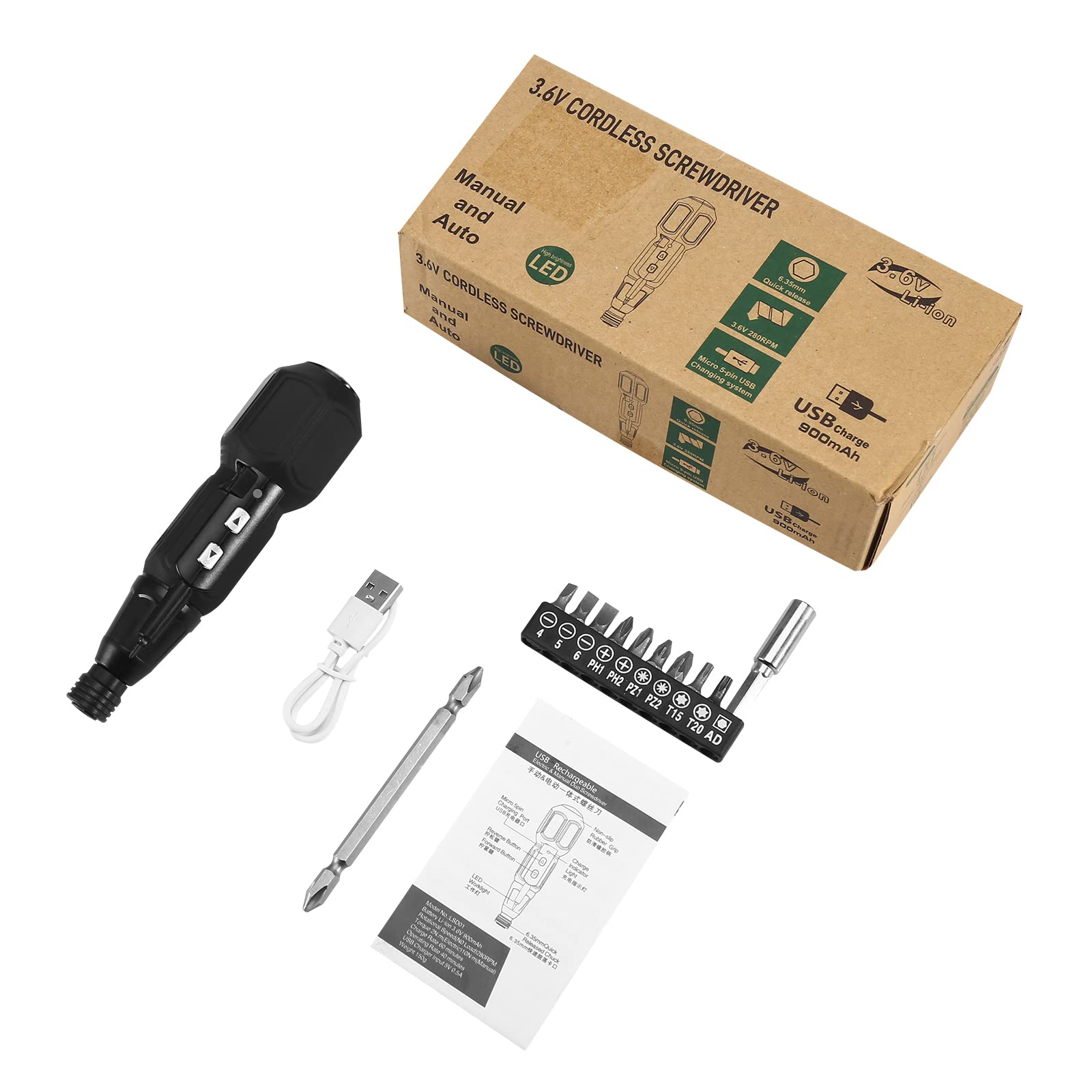 

Электрическая отвертка Беспроводная перезаряжаемая электрическая отвертка, портативный автоматический набор инструментов для домашнего ремонта со светодиодной подсветкой и USB-кабелем чёрный