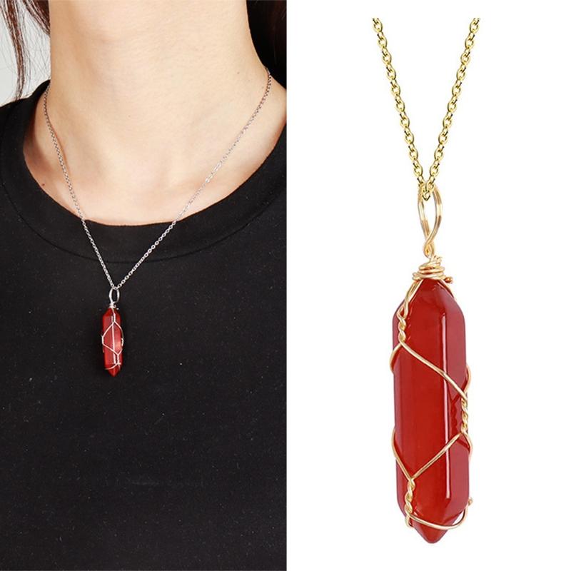 Natural Gemstones Pendant Wire Wrapping Carnelian Necklace Jewelry Decorations Crystal Agate Gift for Women Man