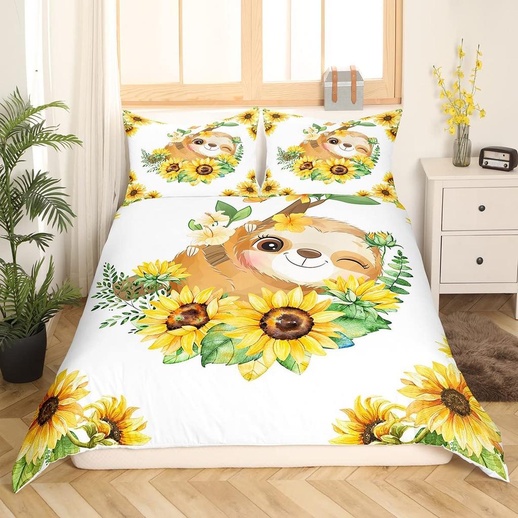 Kids Sloth Duvet Cover Set Queen King Size, Cute Animal Pattern Polyester Comforter Cover, Branches Winter Theme For Boys Girls