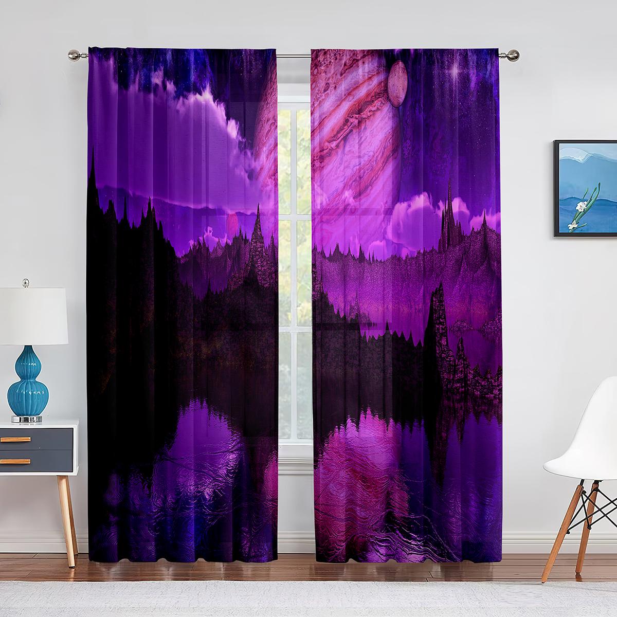 

Тюлевые шторы с фиолетовым цветком и полем одинокого дерева, фантазийное небо, для гостиной, спальни, кухни, прозрачные шторы из вуали, оконные шторы 1 PCS W100XH250cm&Grommet Top