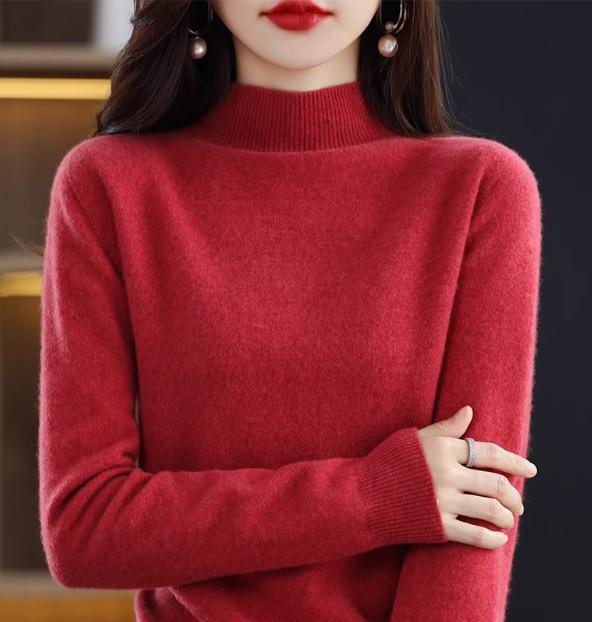 2024 Fall/Winter Women's 100% Wool Semi-High Neck Loose Knitted Sweater