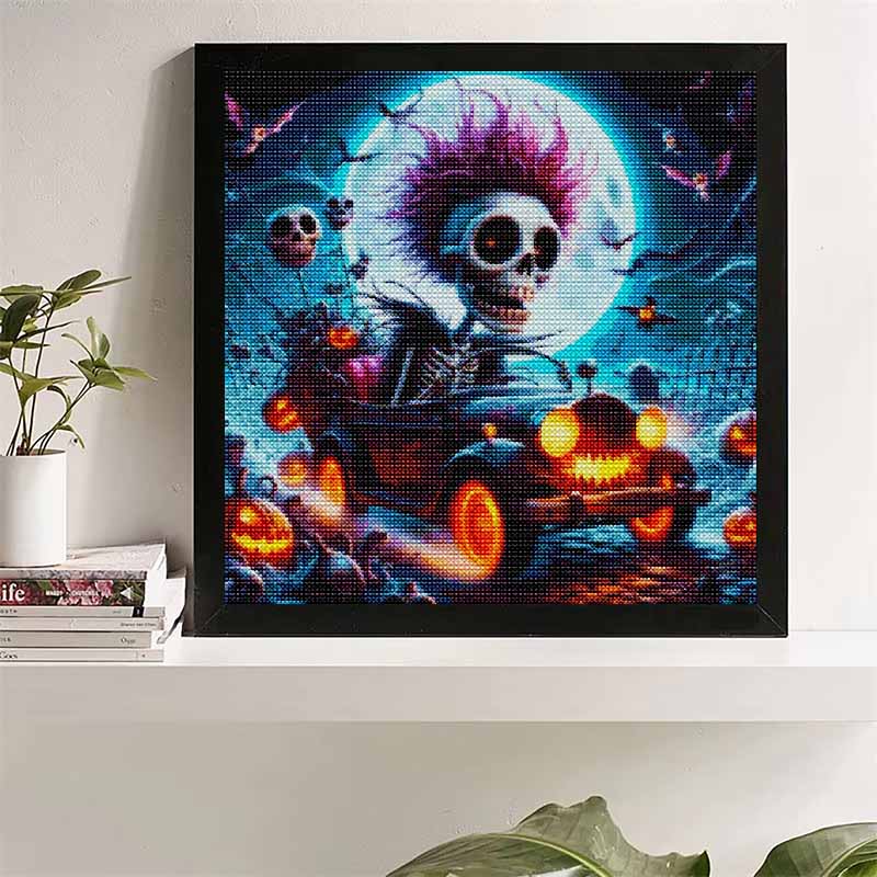 Punkový kostlivec řídící vintage auto, sada na malování diamantem s plným vrtákem, Halloweenská svítící dýně, plný měsíc, netopýr, DIY diamantové umění, dekorace, dárek