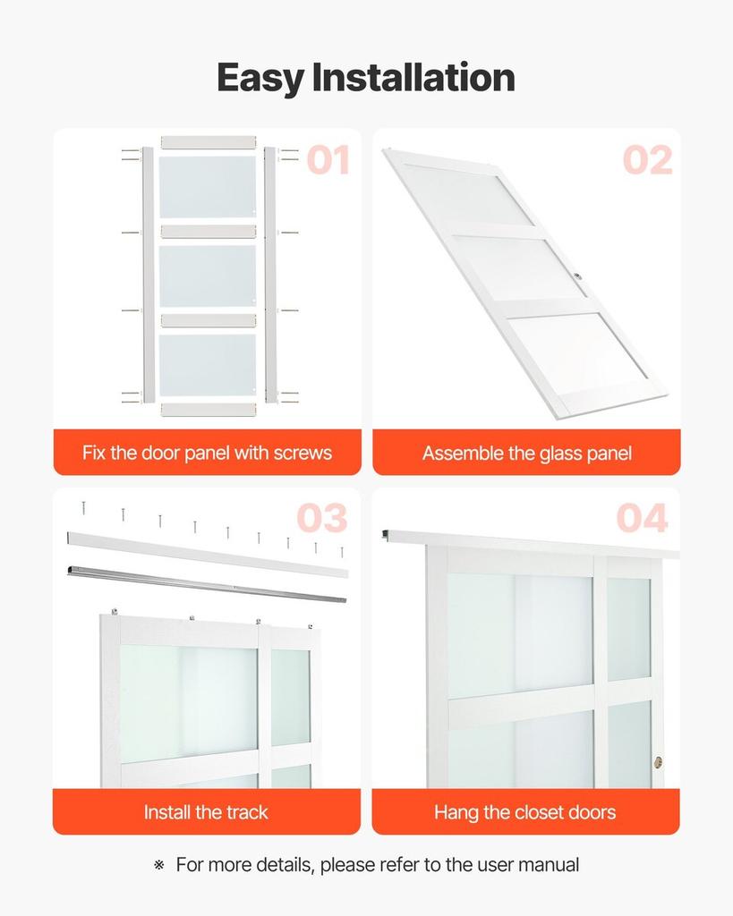 Sliding Closet Door, 1829mm (Double 940mm) x 2032 mm, 3-Lite Frosted Glass Bypass Sliding Doors with Hardware Kit, Solid Wood & MDF Slab with
