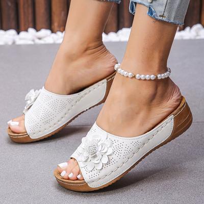 Yumuşak Taban Kadın Hollow Wedge Terlik Sandalet, Çiçek Dekor Rahat Rahat Açık Hava Yaz Ayakkabıları