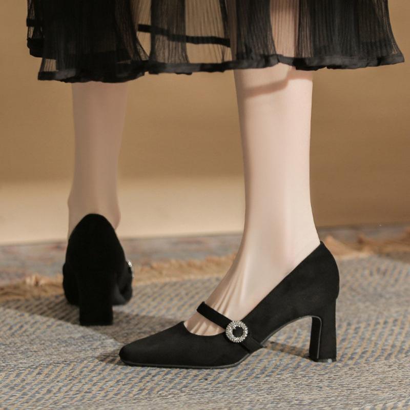 French retro square head Mary Jane shoes one-word high heels 2025 spring and autumn new single shoes women's shoes square heel temperament