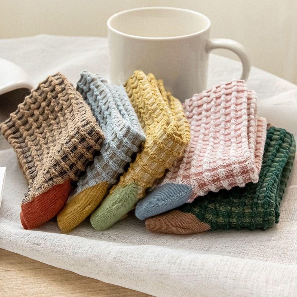 5Pairs Breathable Checkered Cotton Socks Patchwork Grids Socks Sweet Women Tube Sock  Slippers