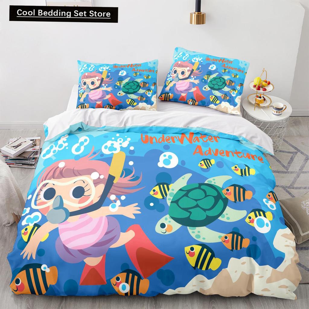 Underwater World King Queen Duvet Cover Cartoon Ocean Animal Bedding Set for Kids Fish Coral Sea Life Soft Polyester Quilt Cover