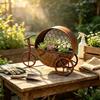 Decorative Bike Flower Pot with Aged-Look Finish, Wheel Base, Open Basket, and Iron Metal Frame for Garden Plant Displays