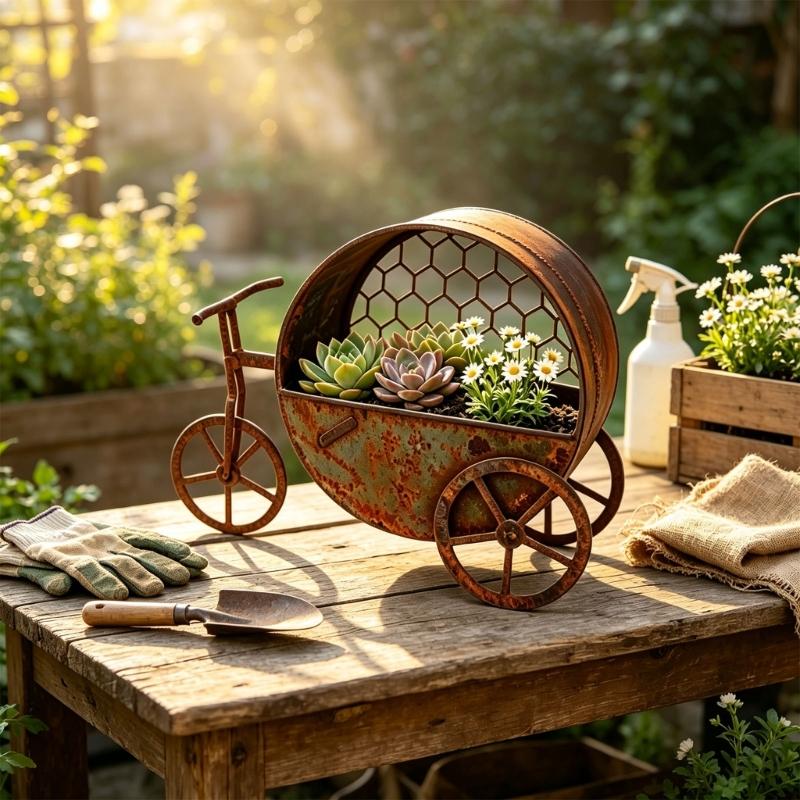 Decorative Bike Flower Pot with Aged-Look Finish, Wheel Base, Open Basket, and Iron Metal Frame for Garden Plant Displays