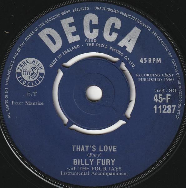 

7inch Record BILLY FURY THE FOUR JAYS Thats Love 45F11237 Decca 1960 UK Rock Used