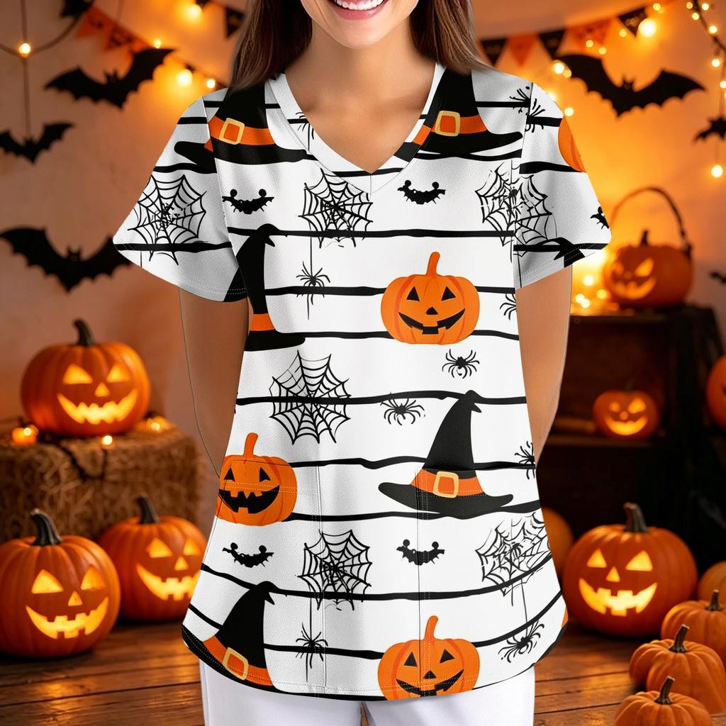 Women's Halloween Print Loose Fit V Neck Short Sleeve Medical Scrub Top Nurse Uniform Work Shirt with Pockets for Caregivers