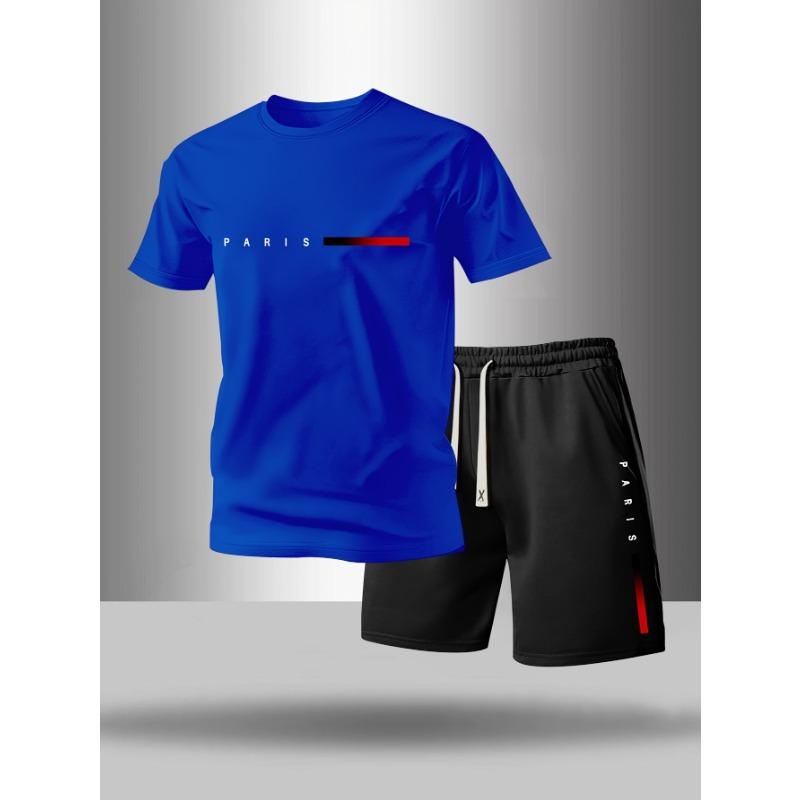 Men's paris letter round neck T-shirt + drawstring waist shorts set